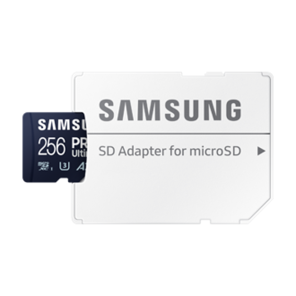 256 GB . microSDXC karta Samsung PRO Ultimate + SD adapter (U3, V30, A2), (r200MB/s, w130MB/s)1