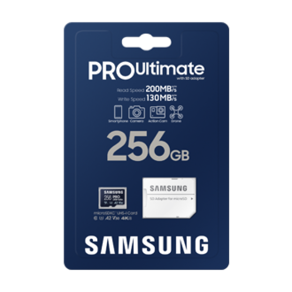 256 GB . microSDXC karta Samsung PRO Ultimate + SD adapter (U3, V30, A2), (r200MB/s, w130MB/s)2