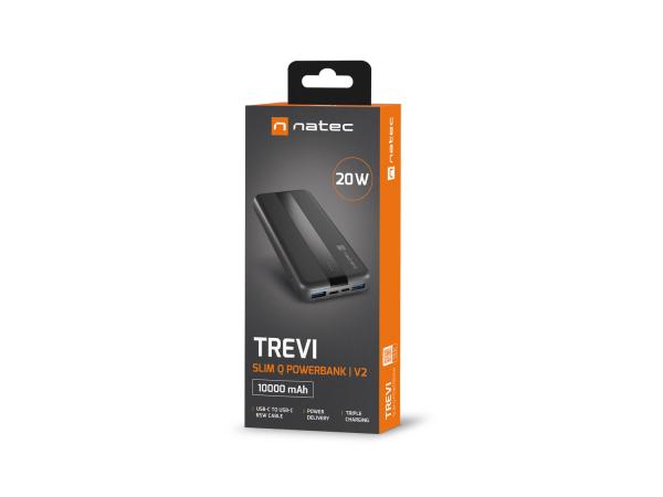 Power banka Natec TREVI SLIM Q V2 10000mAh, 2X USB-A 18W, 1X USB-C 20W, USB-C - USB0-C kábel, čierna