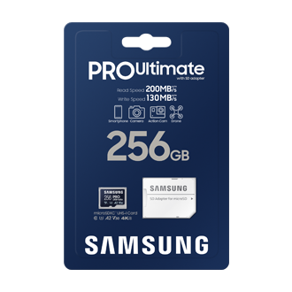 256 GB . microSDXC karta Samsung PRO Ultimate + SD adapter (U3, V30, A2), (r200MB/s, w130MB/s)2 