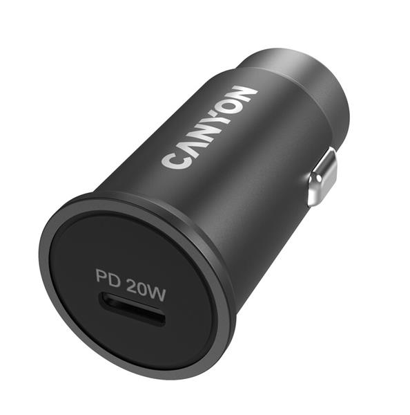 Canyon C-20, vysokorýchlostná autonabíjačka, 1xUSB-C, 20W PD, 4 úrovne ochrany, čierna  