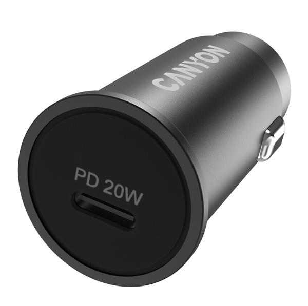 Canyon C-20, vysokorýchlostná autonabíjačka, 1xUSB-C, 20W PD, 4 úrovne ochrany, čierna  