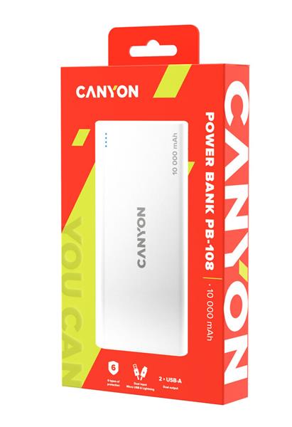 Canyon PB-108, Powerbank, Li-Pol, 10.000 mAh, Vstup: 1x Micro-USB, 1x Lightning, Výstup: 2x USB-A, biela 