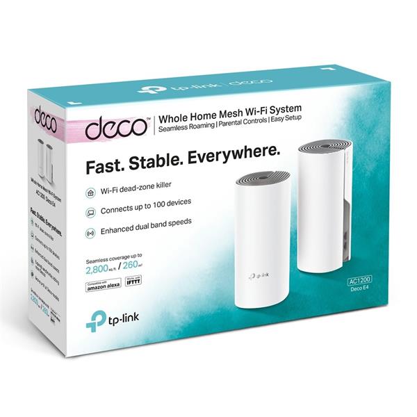 TP-LINK Deco E4(2-Pack) AC1200 Whole-Home Mesh Wi-Fi System, Qualcomm CPU, 867Mbps at 5GHz+300Mbps at 2.4GHz, 2 10/100Mb 