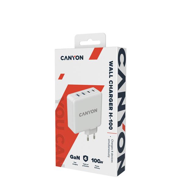 Canyon H-100, ultravýkonná vysokorýchlostná nabíjačka do steny 2xUSB-C, 100W PD, 2 xUSB-A, 30W QC, biela 