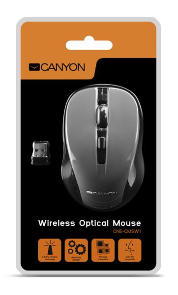 Canyon MW-1, Wireless optická myš USB, 800/1000/1200 dpi, šedo-čierna 