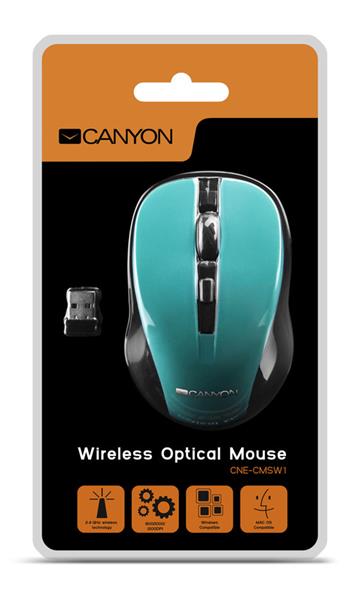 Canyon MW-1, Wireless optická myš USB, 800/1000/1200 dpi, zeleno-čierna 