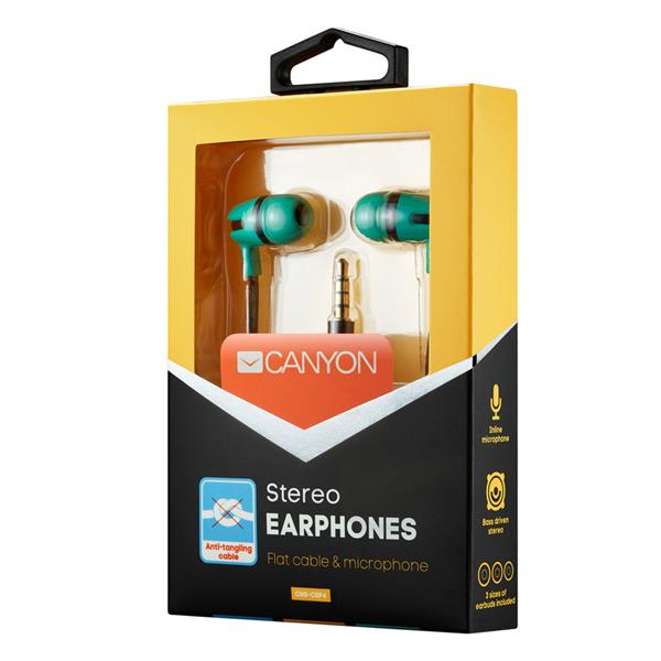 Canyon SEP-4, štýlové slúchadlá do uší, pre smartfóny, integrovaný mikrofón a ovládanie, plochý kábel, zelené 