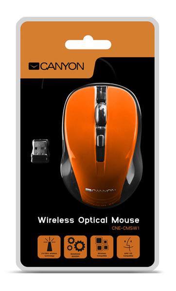 Canyon MW-1, Wireless optická myš USB, 800/1000/1200 dpi, oranžovo-čierna 