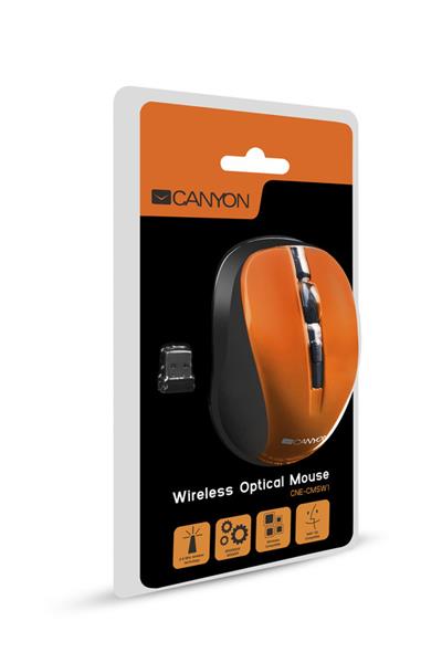 Canyon MW-1, Wireless optická myš USB, 800/1000/1200 dpi, oranžovo-čierna 