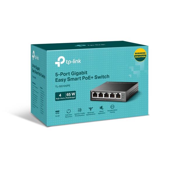 TP-LINK "5-Port Gigabit Easy Smart Switch with 4-Port PoE+, 4× Gigabit PoE+ Ports, 1× Gigabit Non-PoE Ports" 