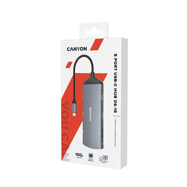 Canyon DS-15, Multiport Docking Station, 8 portov, 1xUSB-C 100W+2xUSB3.0+1x USB2.0+ 1xHDMI+1xRJ45+čítačka kariet 