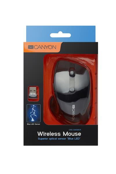 Canyon MW-01, Wireless optická myš USB, 6 tlač., 1000/1200/1600 dpi, LED senzor s modrým podsv., perleťovo čierna 