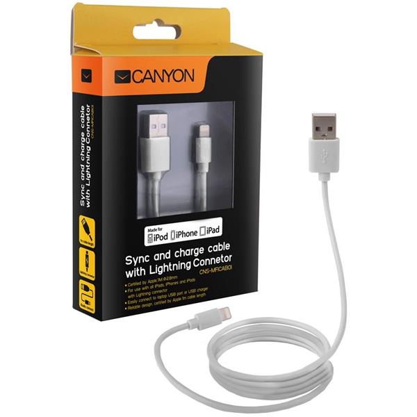 Canyon MFI-1, 1m kábel Lightning/USB, MFI schválený Apple, biely 