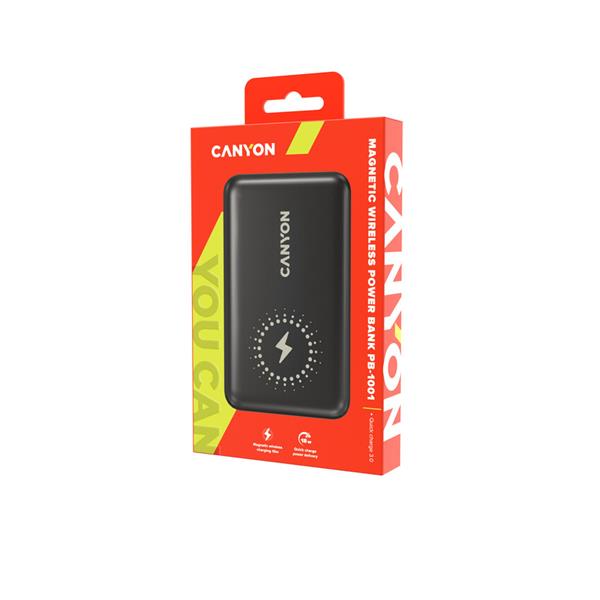 Canyon PB-1001, Powerbank, Li-Pol, 10.000 mAh, Vstup: 1x USB-C, 1x Lightning, Výstup: 1x USB-A, 1x USB-C, bezdr. nab 10W 
