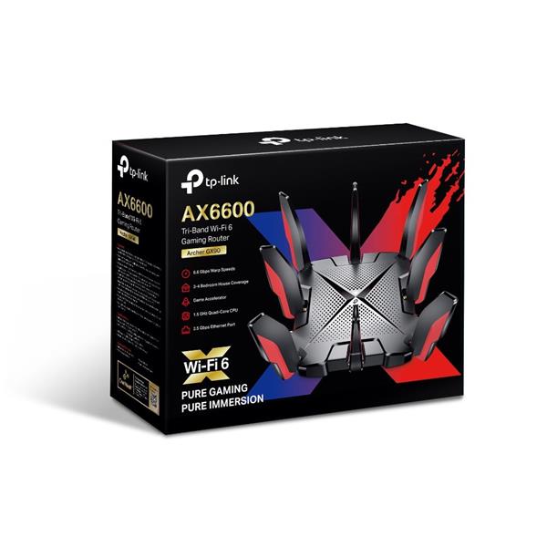 AX6600 Tri-Band Wi-Fi 6 Gaming Router SPEED: 574 Mbps at 2.4 GHz + 1201 Mbps at 5 GHz_1 + 4804 Mbps at 5 GHz_2 SPEC: 8×  