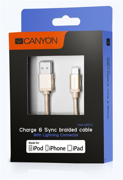 Canyon MFI-3, 1m prémiový opletený kábel Lightning/USB, MFI schválený Apple, zlatý 