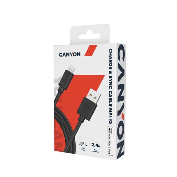 Canyon MFI-12, 2m PVC kábel Lightning/USB, 5V/2.4A, MFI schválený Apple, čierny 