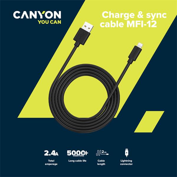 Canyon MFI-12, 2m PVC kábel Lightning/USB, 5V/2.4A, MFI schválený Apple, čierny 