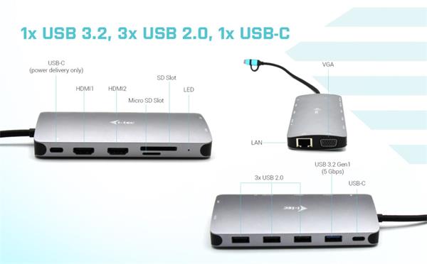 i-tec USB 3.0 USB-C/TB3 3x Display Metal Nano Dock with LAN, PD 100 W 