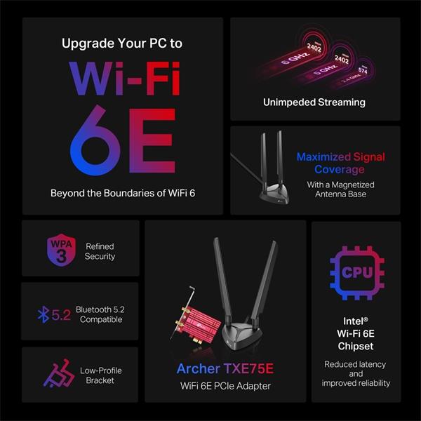 TP-LINK "AXE5400  Tri-Band Wi-Fi 6E Bluetooth PCI Express AdapterSPEED: 2402 Mbps at 6 GHz + 2402 Mbps at 5 GHz + 574 M 