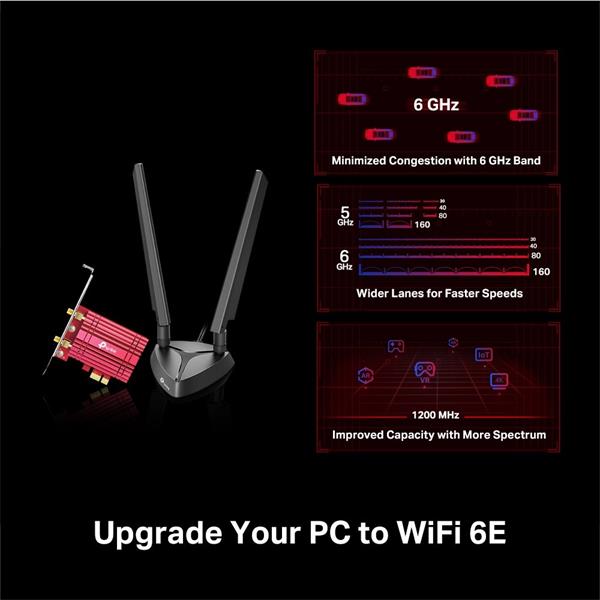 TP-LINK "AXE5400  Tri-Band Wi-Fi 6E Bluetooth PCI Express AdapterSPEED: 2402 Mbps at 6 GHz + 2402 Mbps at 5 GHz + 574 M 