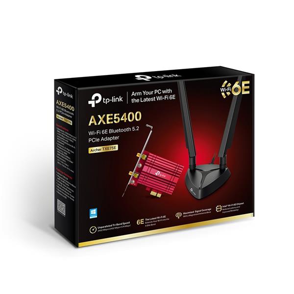 TP-LINK "AXE5400  Tri-Band Wi-Fi 6E Bluetooth PCI Express AdapterSPEED: 2402 Mbps at 6 GHz + 2402 Mbps at 5 GHz + 574 M 