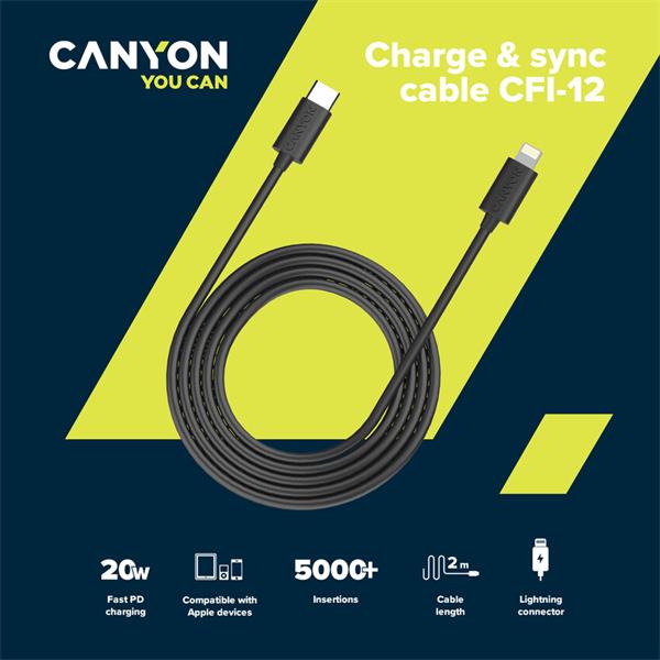 Canyon CFI-12, 2m kábel Lightning USB-C, bez Apple certifikácie MFi, čierny 