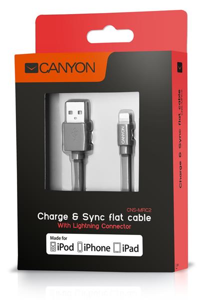 Canyon MFI-2, 1m plochý kábel Lightning/USB, MFI schválený Apple, tmavo-šedý 