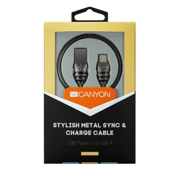 Canyon UC-5, 1m kábel USB-C / USB 2.0, 5V/2A, priemer 3,5mm, metalicky opletený, tmavo-šedý 