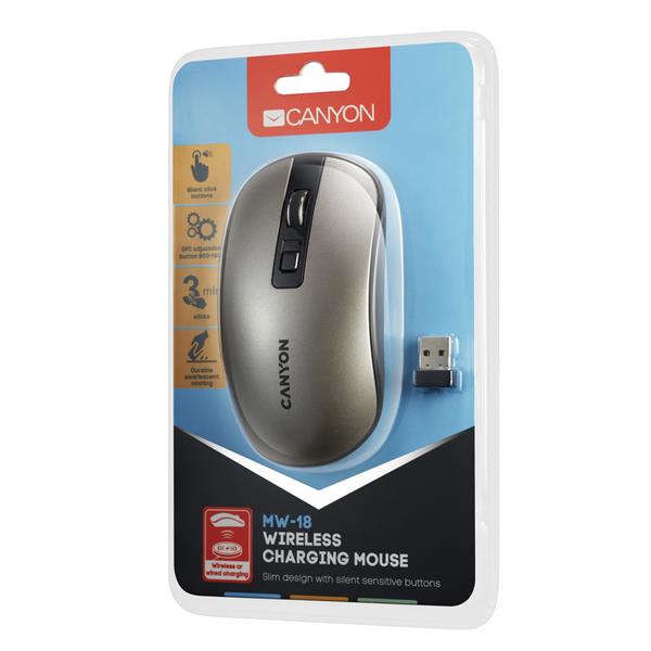Canyon MW-18, Wireless optická myš USB, 800/1200/1600 dpi, 4 tiché tlač, QI wireless nabíjanie, tmavo-šedá 