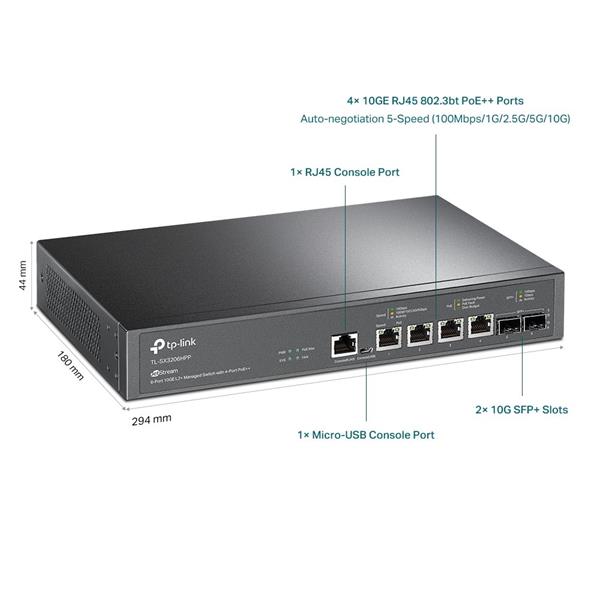 TP-LINK "JetStream™ 4-Port 10GBase-T and 2-Port 10GE SFP+ L2+ Managed Switch with 4-Port PoE++PORT: 4× 10G PoE++ Ports, 