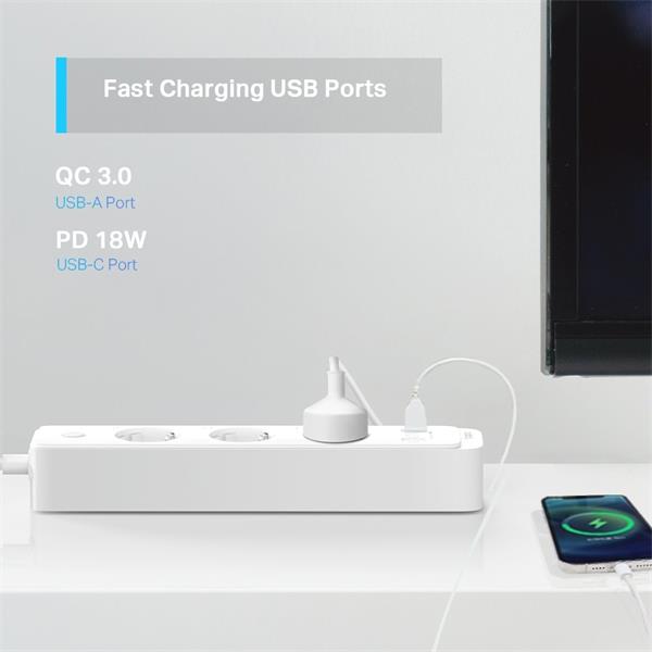TP-LINK "Smart Wi-Fi Power Strip, 3-Outlets, HomekitSPEC: 2.4 GHz Wi-Fi required, 100-240V, 50/60Hz, 10A max, 2300W max 