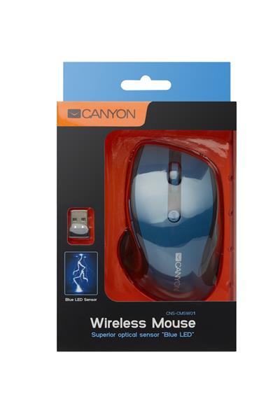 Canyon MW-01, Wireless optická myš USB, 6 tlač., 1000/1200/1600 dpi, LED senzor s modrým podsv., perleťovo modrá 