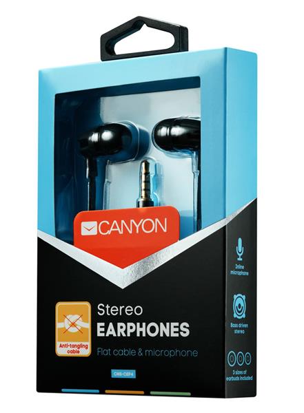 Canyon SEP-4, štýlové slúchadlá do uší, pre smartfóny, integrovaný mikrofón a ovládanie, plochý kábel, čierne 
