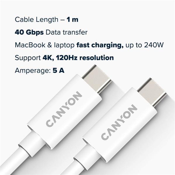 Canyon UC-44, 1 m kábel USB-C / USB-C, 48V/5A, výkon 240W EPR, 400GBPS, pre notebooky, E-mark čip, biely 