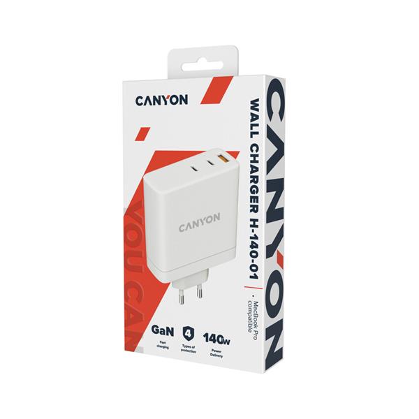 Canyon H-140-01, ultravýkonná vysokorýchlostná nabíjačka do steny 2xUSB-C, 100W PD, 2 xUSB-A, 30W QC, biela 