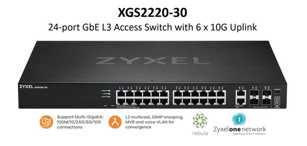 ZyXEL XGS2220-30, L3 Access Switch, 24x1G RJ45 2x10mG RJ45, 4x10G SFP+ Uplink, incl. 1 yr NebulaFlex Pro 