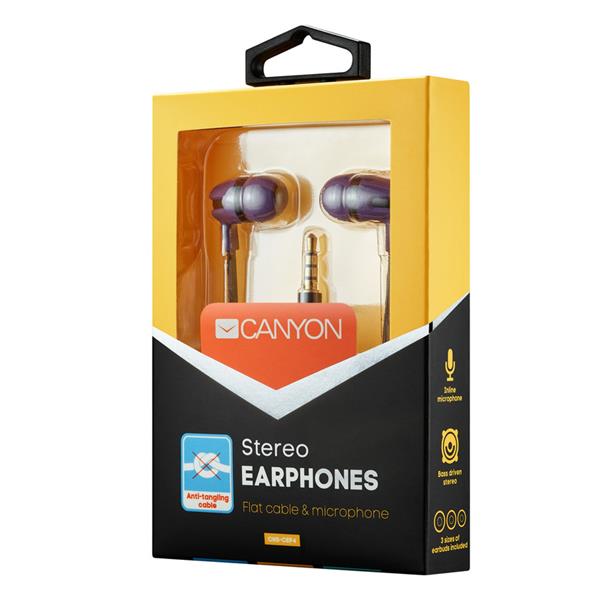 Canyon SEP-4, štýlové slúchadlá do uší, pre smartfóny, integrovaný mikrofón a ovládanie, plochý kábel, fialové 