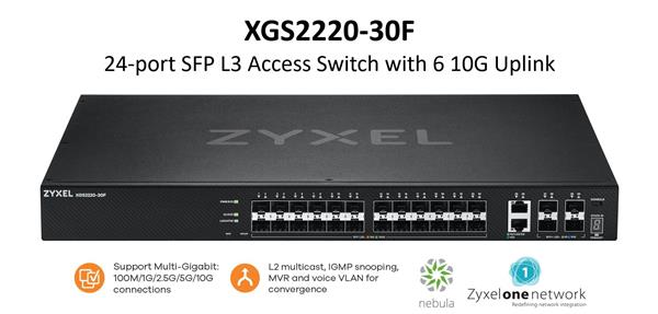 ZyXEL XGS2220-30F, L3 Access Switch, 24x1G SFP, 2x10mG RJ45, 4x10G SFP+ Uplink, incl. 1 yr NebulaFlex Pro 