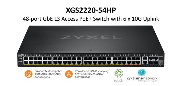 ZyXEL XGS2220-54HP, L3 Access Switch, 600W PoE, 40xPoE+/10xPoE++, 48x1G RJ45 2x10mG RJ45, 4x10G SFP+ Uplink, incl. 1 yr  