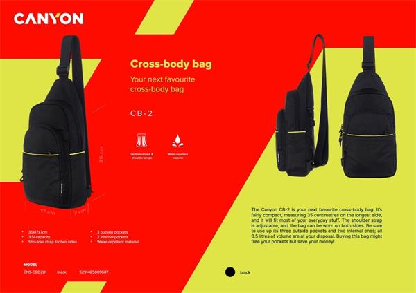 Canyon CB-2, taška / batoh Cross Body, 3.5l, vodeodolný, čierny 