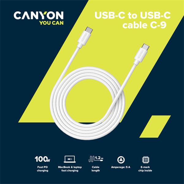 Canyon UC-9, 1.2m kábel USB-C / USB-C, 20V/5A, výkon 100W, biely 