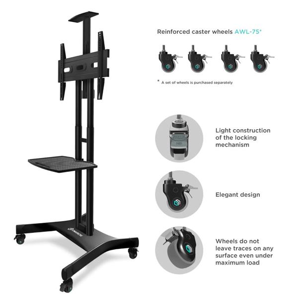 ONKRON TV Mobilný stojan pre 40 - 70", s policami, výškovo nastaviteľný,  čierny 