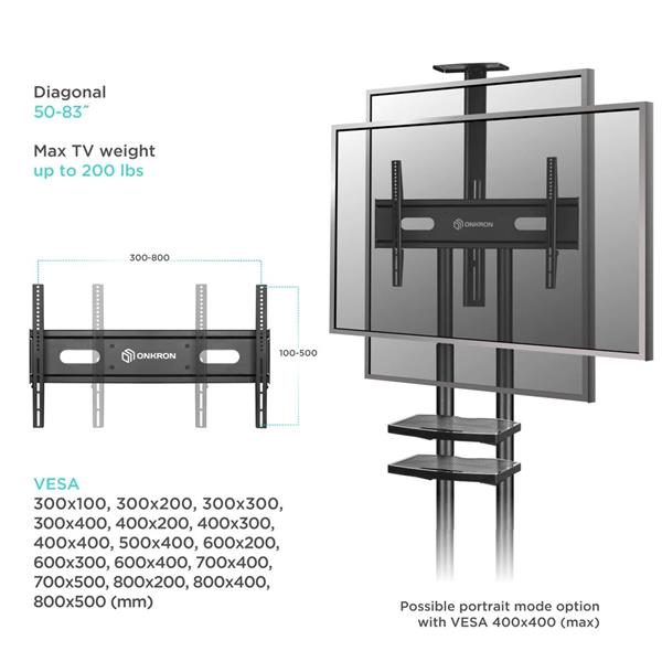ONKRON TV mobilný stojan pre 50 - 83" s policami, výškovo nastaviteľný, čierny 