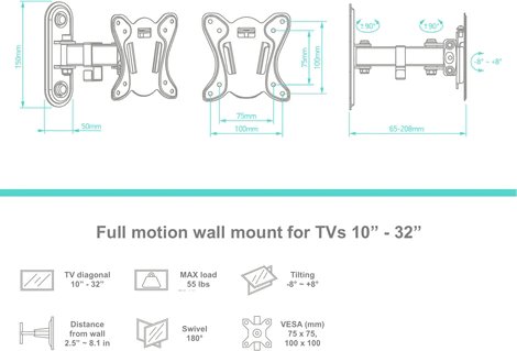 ONKRON TV výsuvný a otočný držiak na stenu, 10" až 35", max 20 kg, čierny 