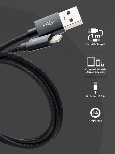 Canyon CFI-3, 1m kábel Lightning/USB, bez Apple certifikácie MFi, opletený, čierny 