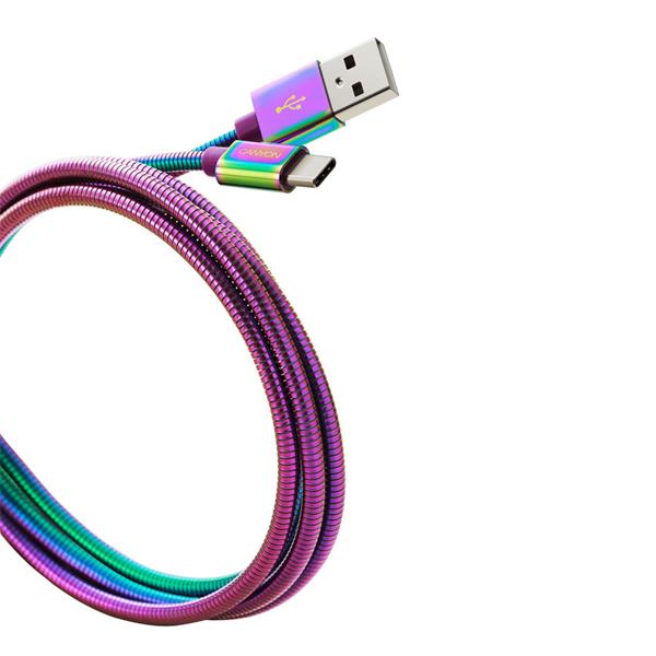 Canyon UC-7, 1.2 m kábel USB-C / USB 2.0, 5V/9V/2A, priemer 3.8 mm, metalicky opletený, dúhový 