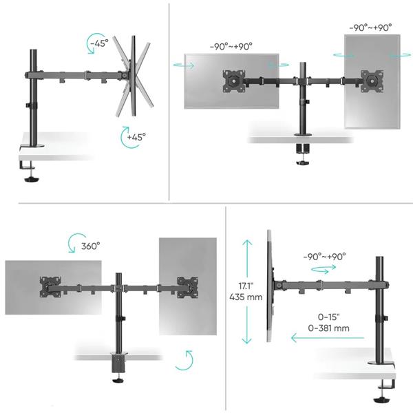 ONKRON Stojan na dva monitory pre 13"-32" obrazovky do 8 kg, čierny 