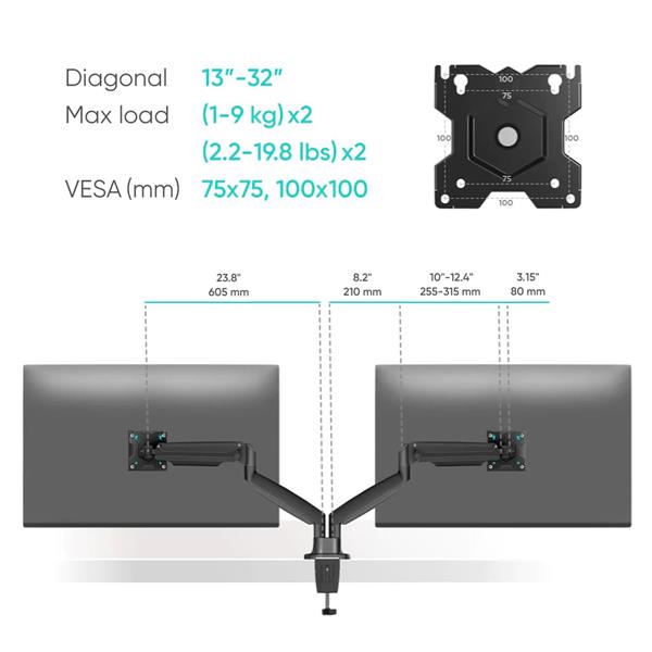 ONKRON Dvojitý stojan na monitor pre 13 až 32-palcové LCD LED obrazovky do 9 kg, čierny 